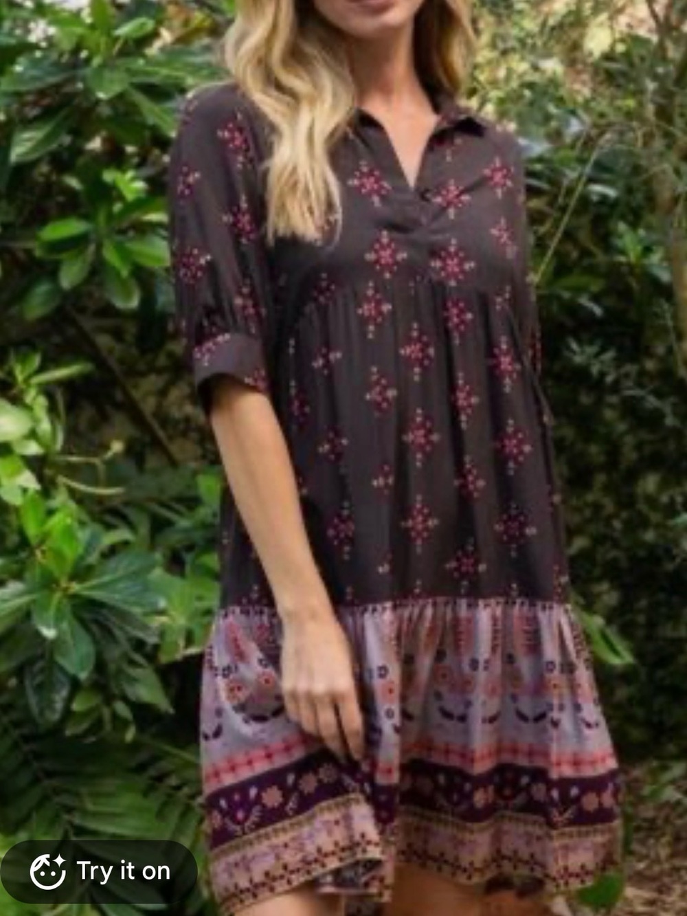 NATURAL LIFE Becca Mini Tunic Dress Boho with Pink Floral Print Size L NWOT